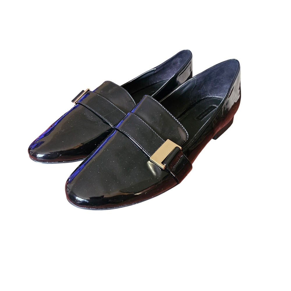 Zara Trafaluc Black Patent Buckle Loafers EU 41 Gold‎ Hardware Office Siren